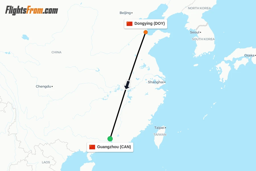 Flights from Dongying to Guangzhou route map