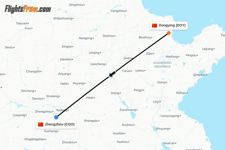 Flights from Dongying to Zhengzhou route map
