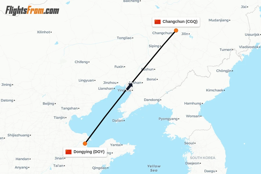 Flights from Dongying to Changchun route map