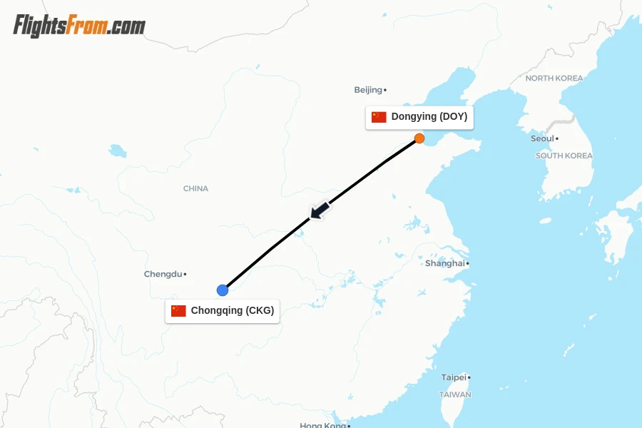 Flights from Dongying to Chongqing route map