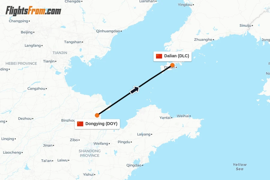 Flights from Dongying to Dalian route map