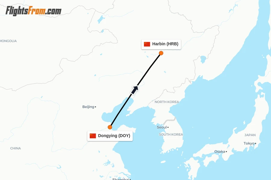 Flights from Dongying to Harbin route map