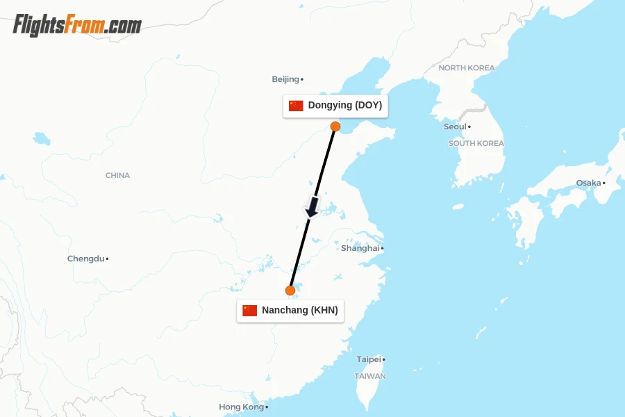 Flights from Dongying to Nanchang route map