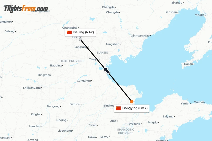 Flights from Dongying to Beijing route map