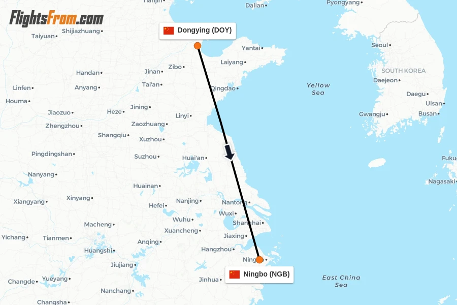 Flights from Dongying to Ningbo route map