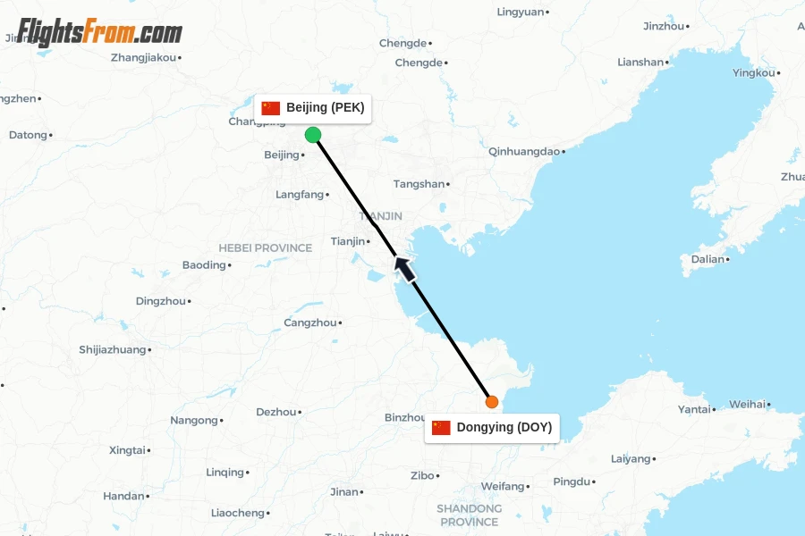 Flights from Dongying to Beijing route map