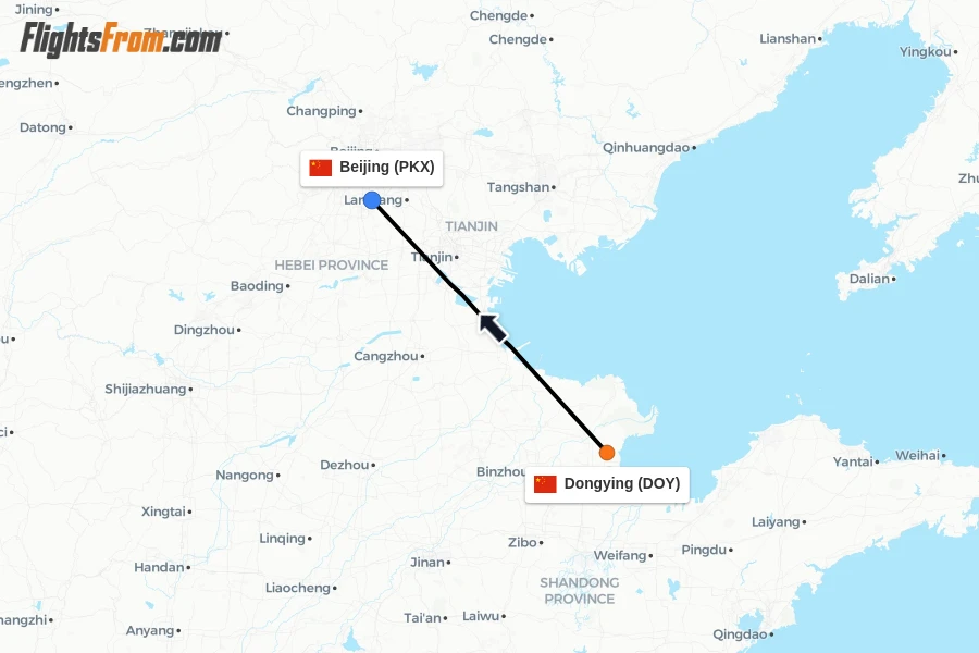 Flights from Dongying to Beijing route map
