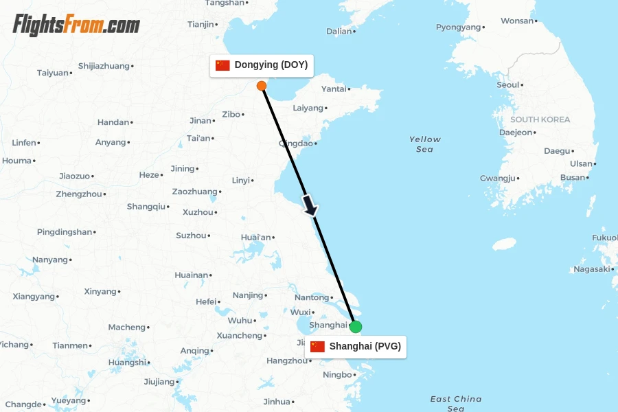 Flights from Dongying to Shanghai route map