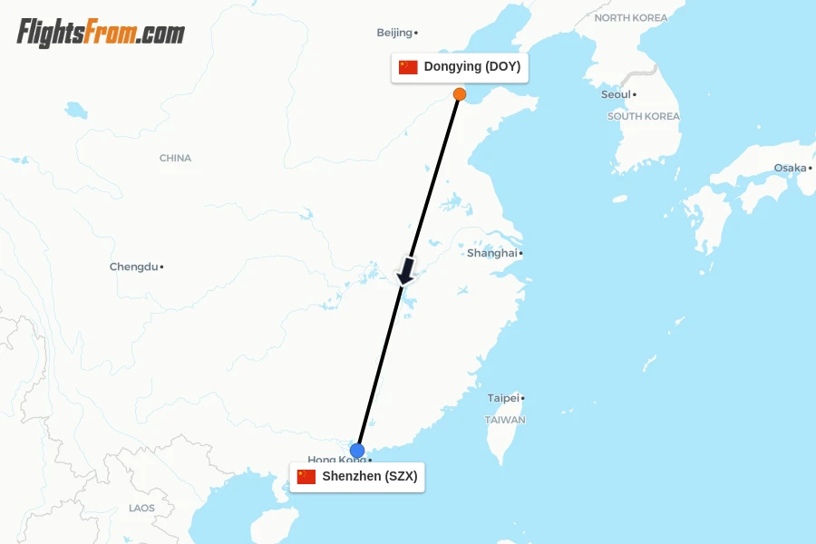 Flights from Dongying to Shenzhen route map