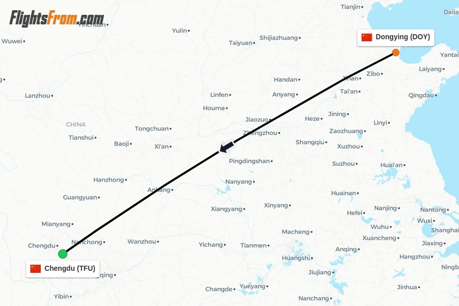 Flights from Dongying to Chengdu route map