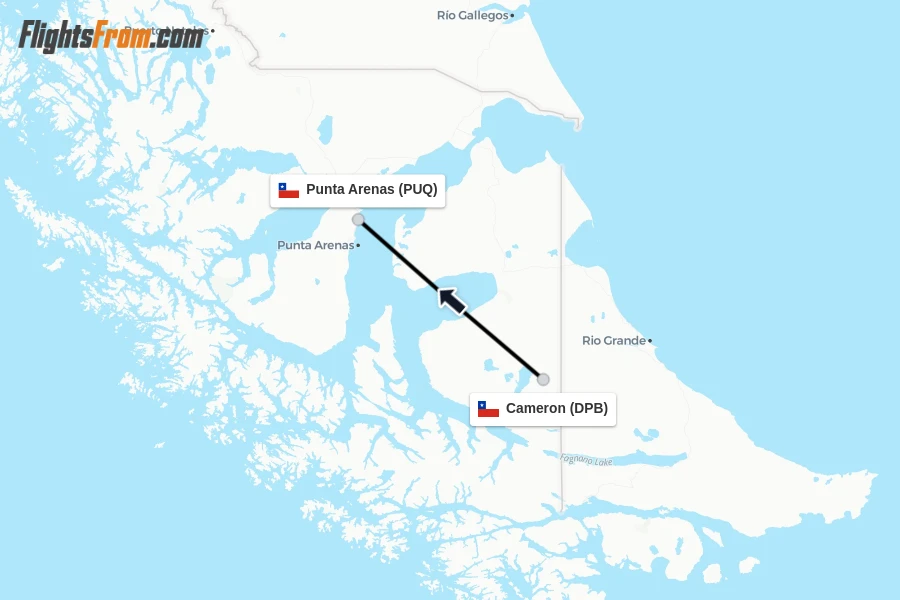 Flights from Cameron to Punta Arenas route map