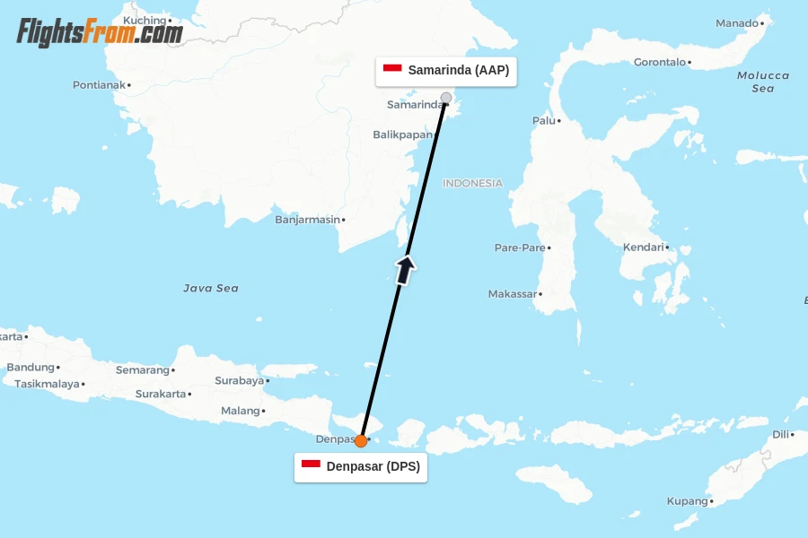 Flights from Denpasar to Samarinda route map