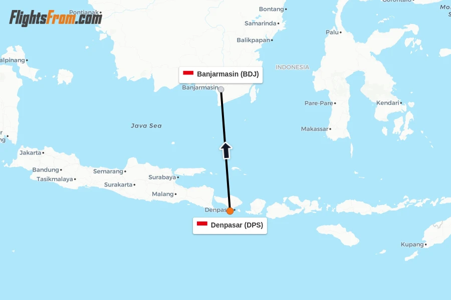 Flights from Denpasar to Banjarmasin route map