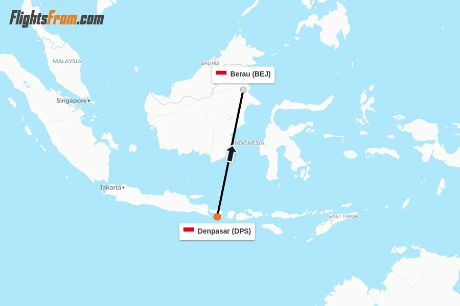 Flights from Denpasar to Berau route map