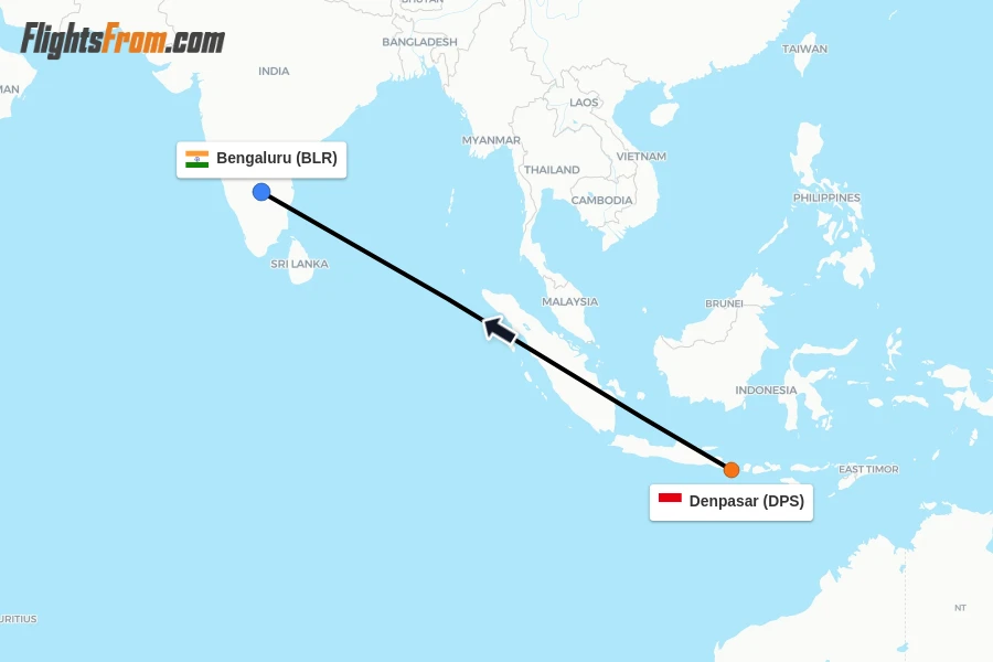 Flights from Denpasar to Bengaluru route map