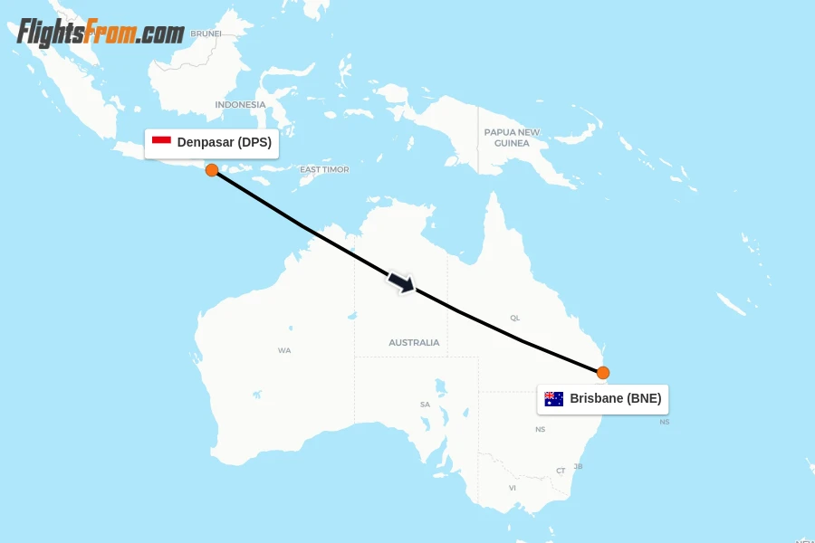 Flights from Denpasar to Brisbane route map