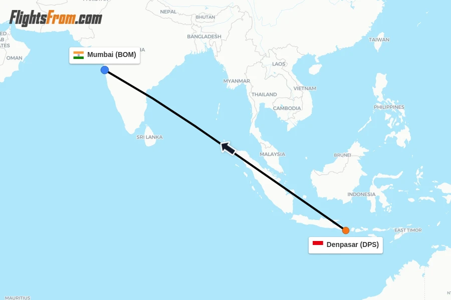 Flights from Denpasar to Mumbai route map