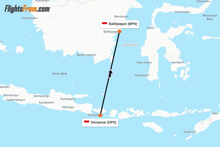 Flights from Denpasar to Balikpapan route map