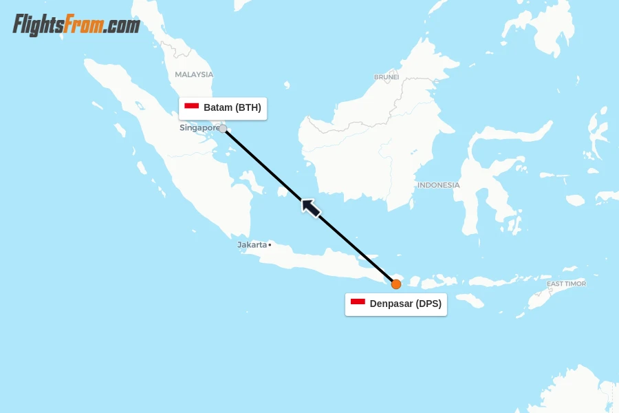 Flights from Denpasar to Batam route map