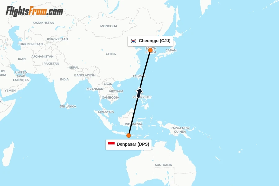 Flights from Denpasar to Cheongju route map