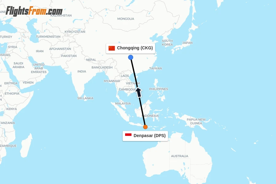 Flights from Denpasar to Chongqing route map