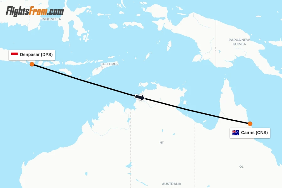 Flights from Denpasar to Cairns route map
