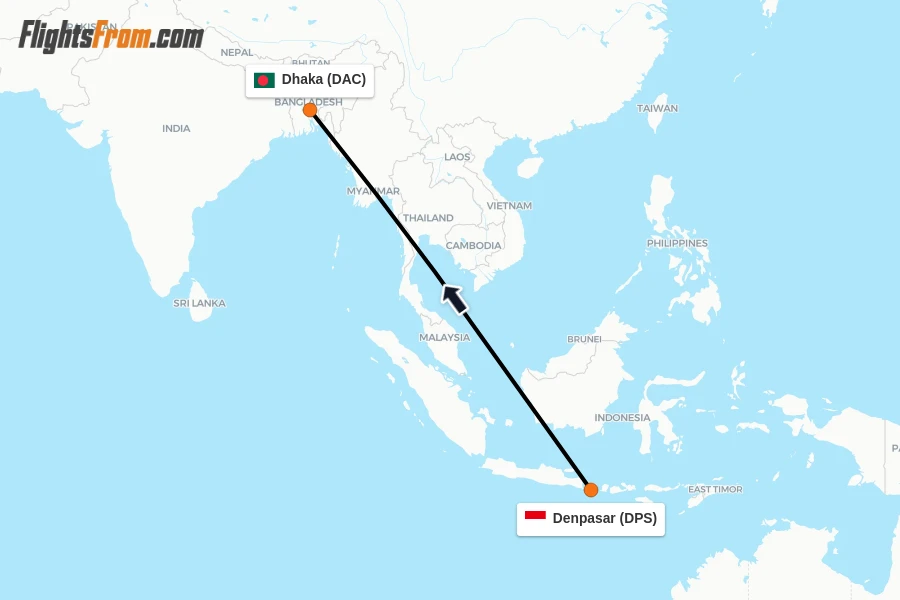 Flights from Denpasar to Dhaka route map