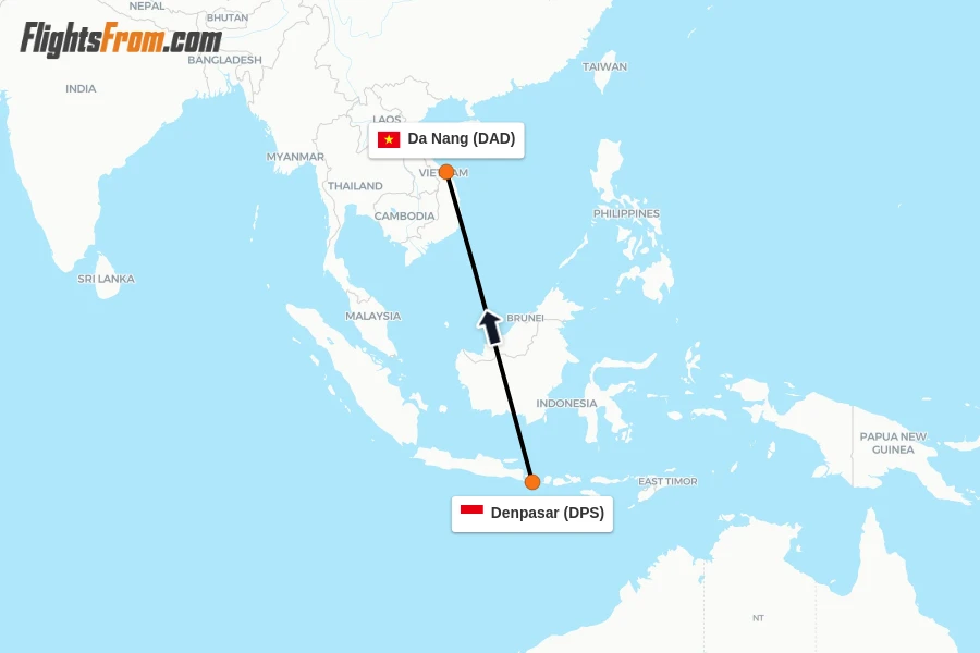 Flights from Denpasar to Da Nang route map