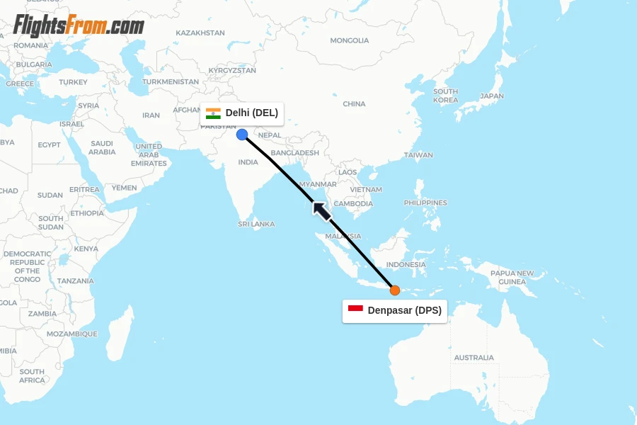 Flights from Denpasar to Delhi route map