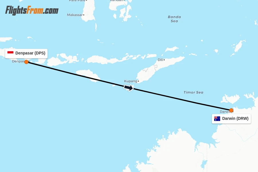 Flights from Denpasar to Darwin route map