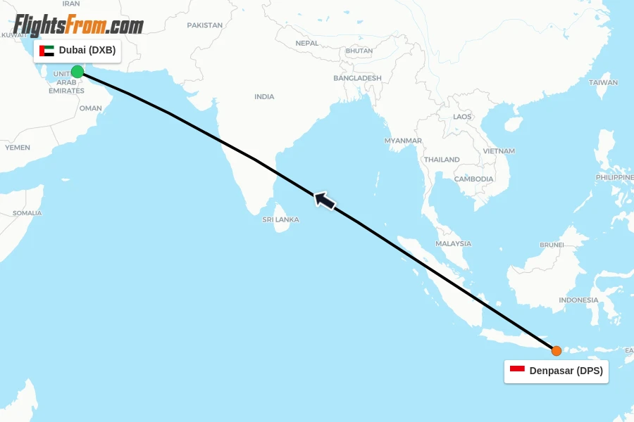 Flights from Denpasar to Dubai route map
