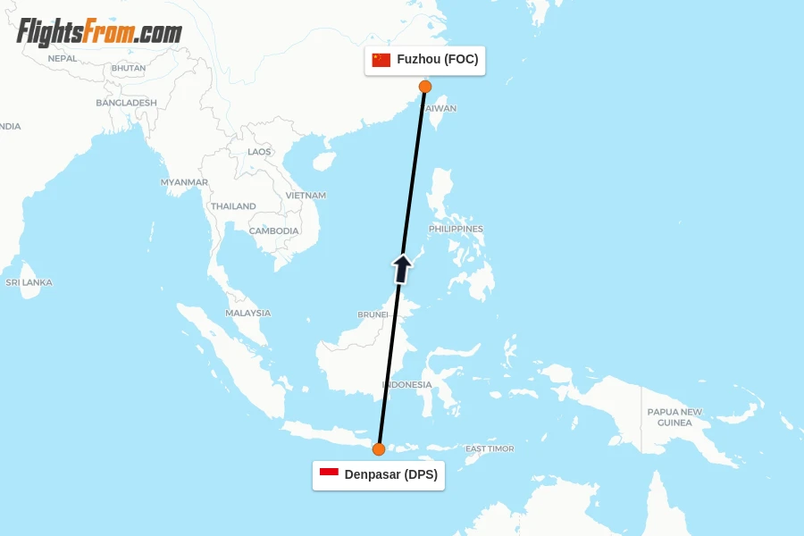 Flights from Denpasar to Fuzhou route map