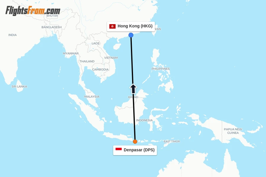 Flights from Denpasar to Hong Kong route map