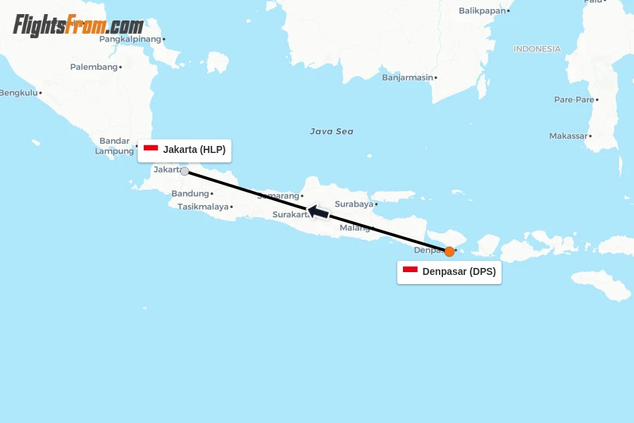 Flights from Denpasar to Jakarta route map