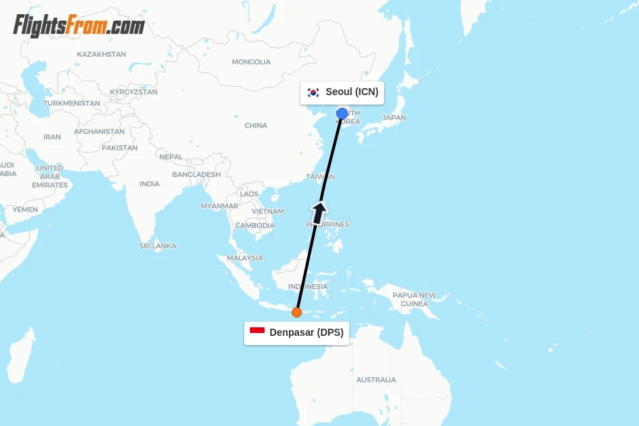 Flights from Denpasar to Seoul route map