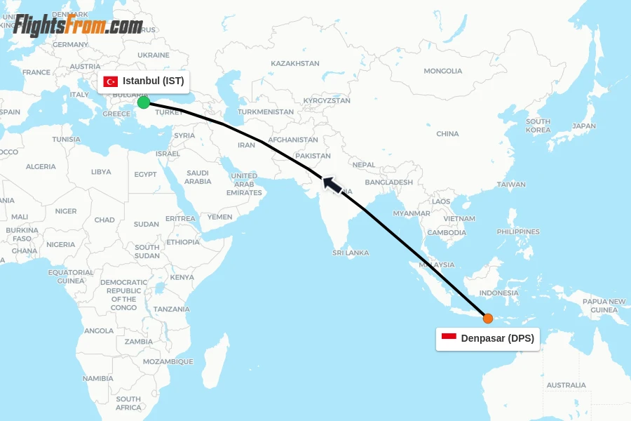 Flights from Denpasar to Istanbul route map