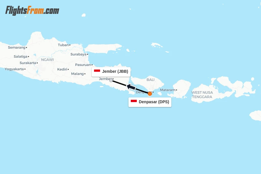 Flights from Denpasar to Jember route map
