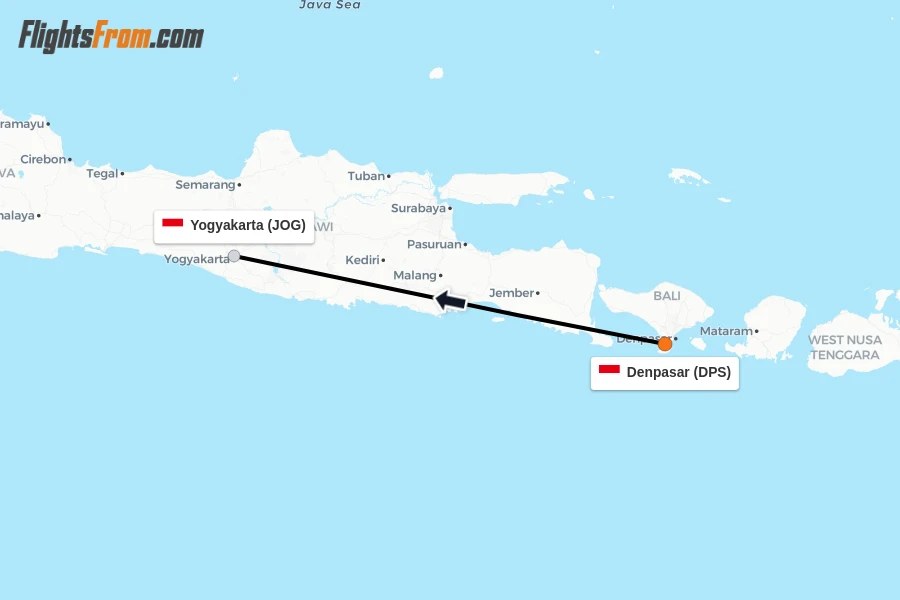 Flights from Denpasar to Yogyakarta route map