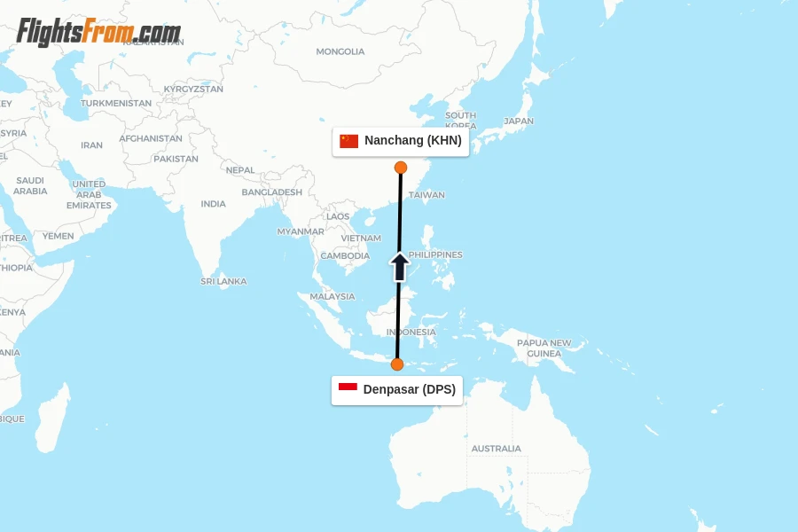 Flights from Denpasar to Nanchang route map