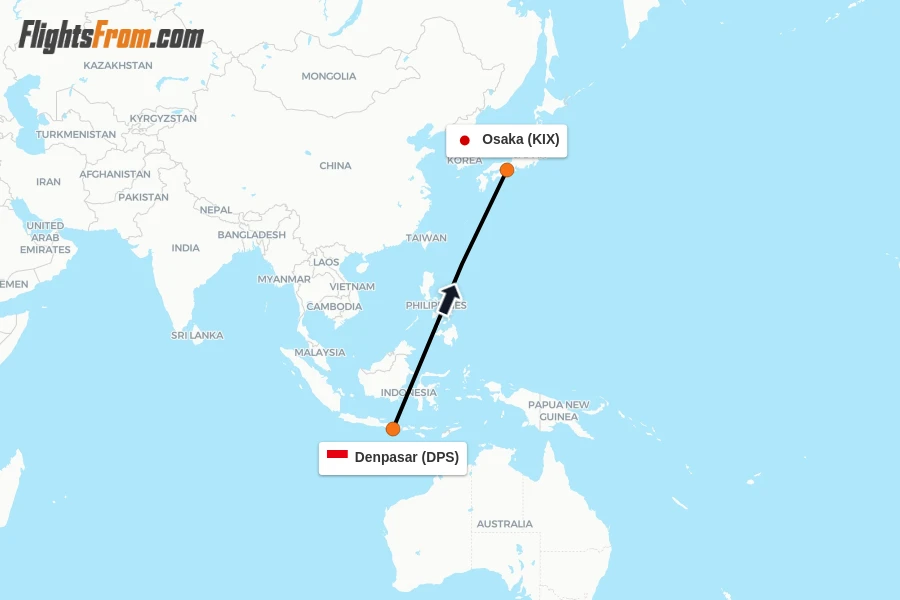 Flights from Denpasar to Osaka route map