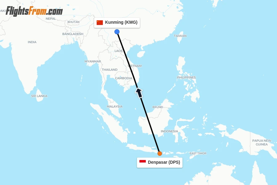 Flights from Denpasar to Kunming route map
