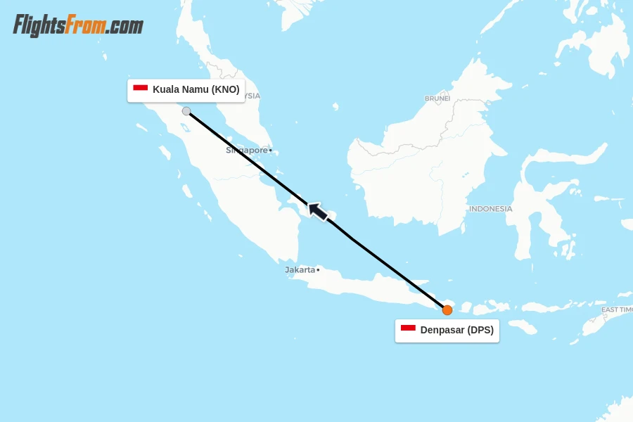 Flights from Denpasar to Kuala Namu route map