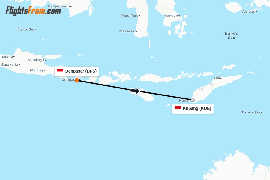 Flights from Denpasar to Kupang route map