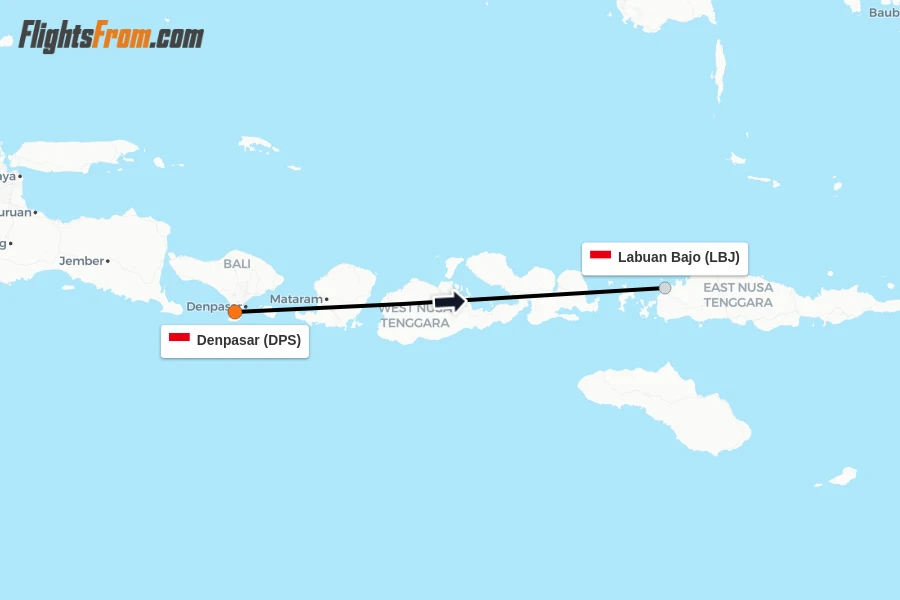 Flights from Denpasar to Labuan Bajo route map