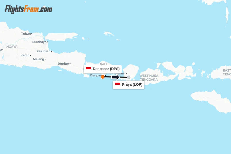 Flights from Denpasar to Praya route map