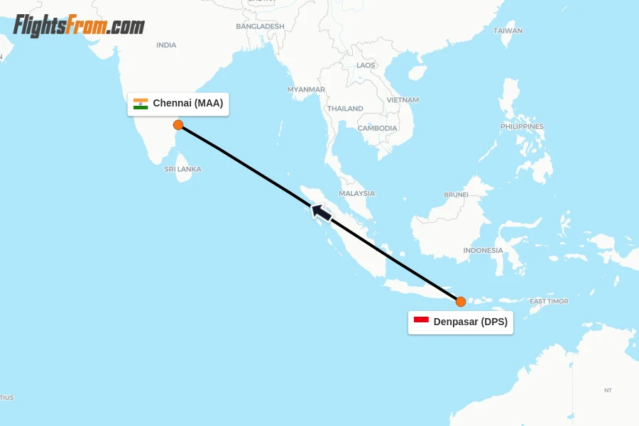 Flights from Denpasar to Chennai route map