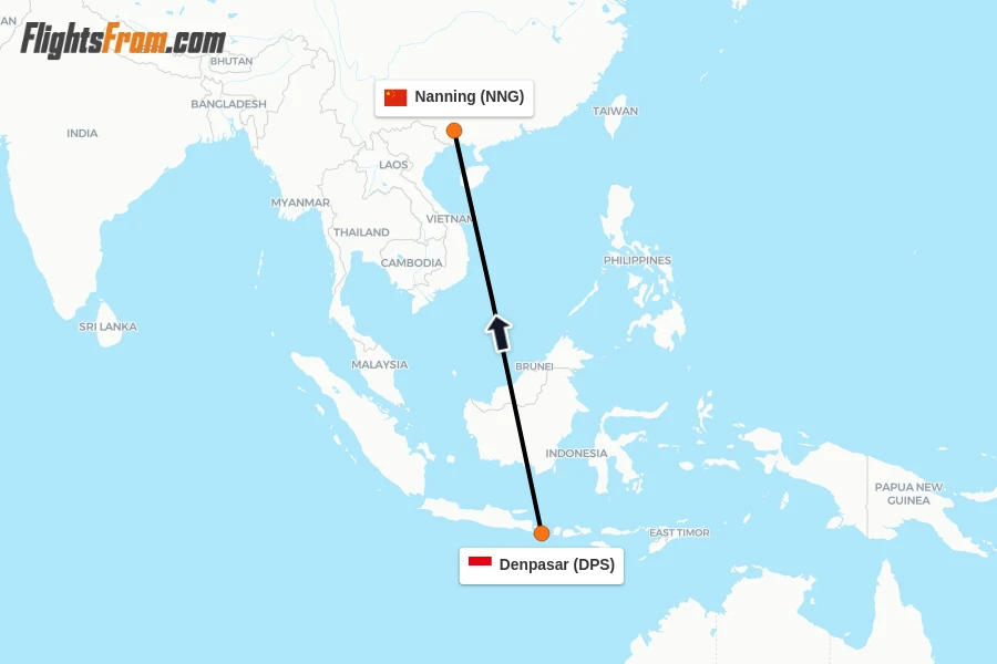 Flights from Denpasar to Nanning route map
