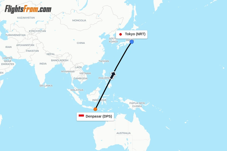 Flights from Denpasar to Tokyo route map