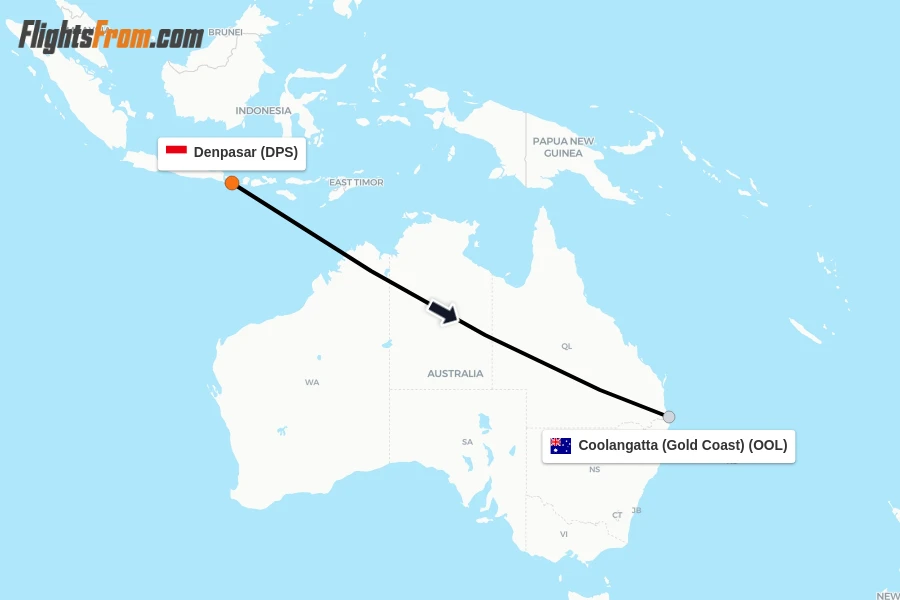 Flights from Denpasar to Coolangatta (Gold Coast) route map