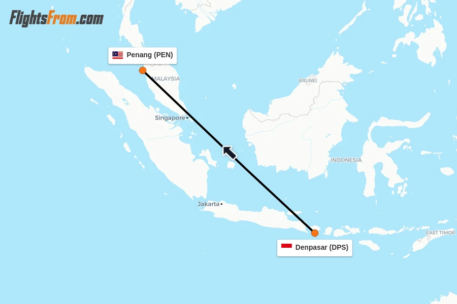 Flights from Denpasar to Penang route map
